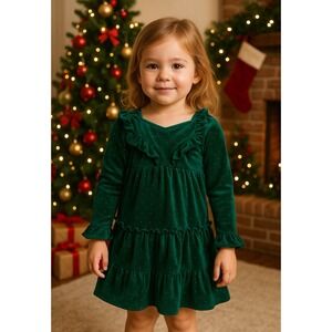 NEW! Tahari Velour Velvet Dress with Gold Polka Dots Green Holiday SZ 4T